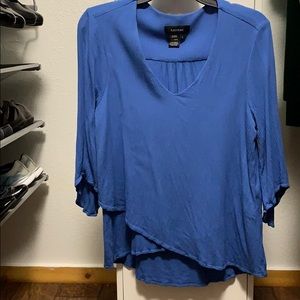 Karen Kane Blue Rayon blouse, V neck, scarf hem.